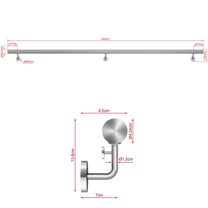 Corrimano Inox 304 Satinato 80-100-120-150-180-200-220-240 cm per Pareti Interne ed Esterne 240cm Argento spazzolato