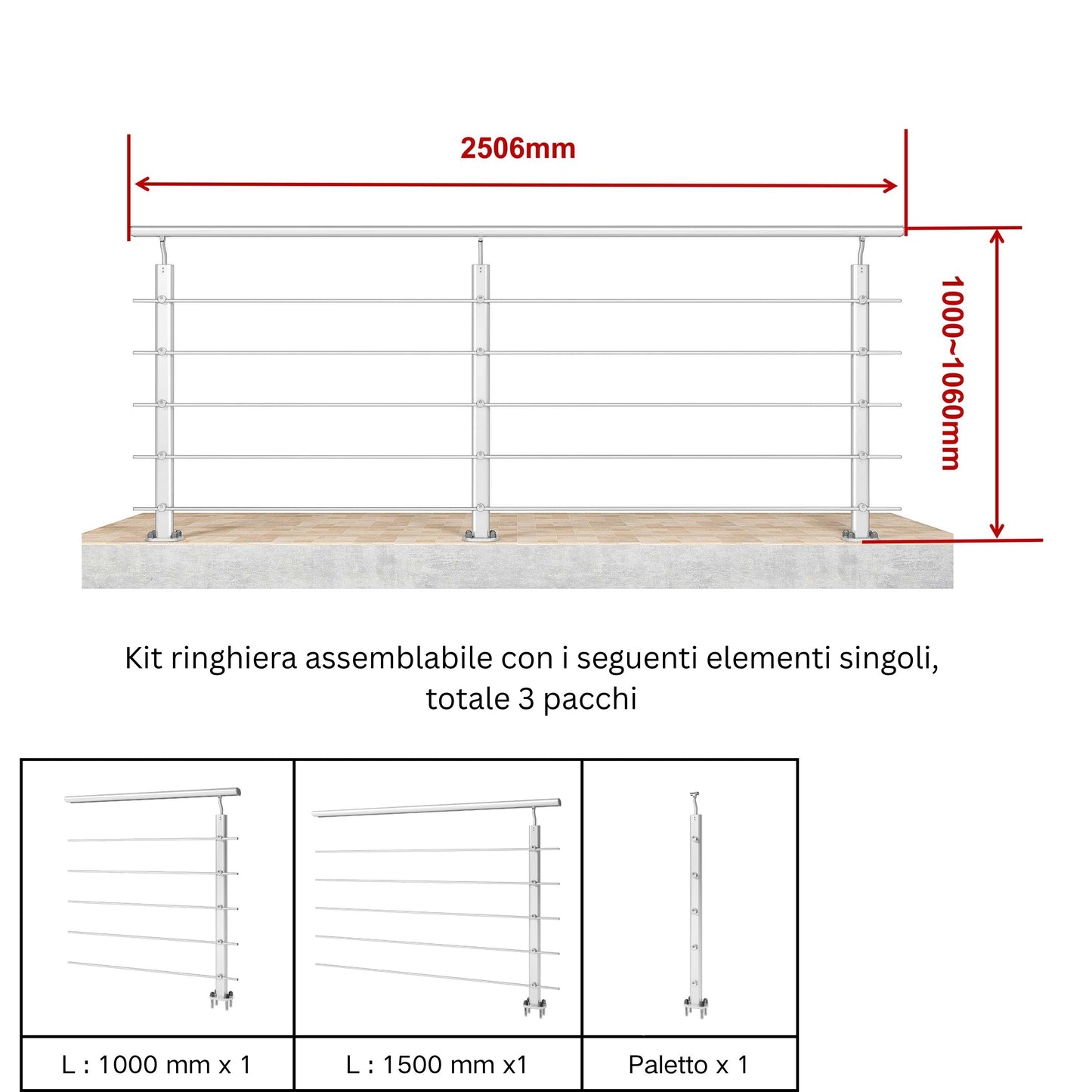 Ringhiera Parapetto in Alluminio Argento o Nero Opaco — Disponibile in 3 Misure: L. 100/150/200 cm — Montaggio a Pavimento per Interni ed Esterni#Argento
