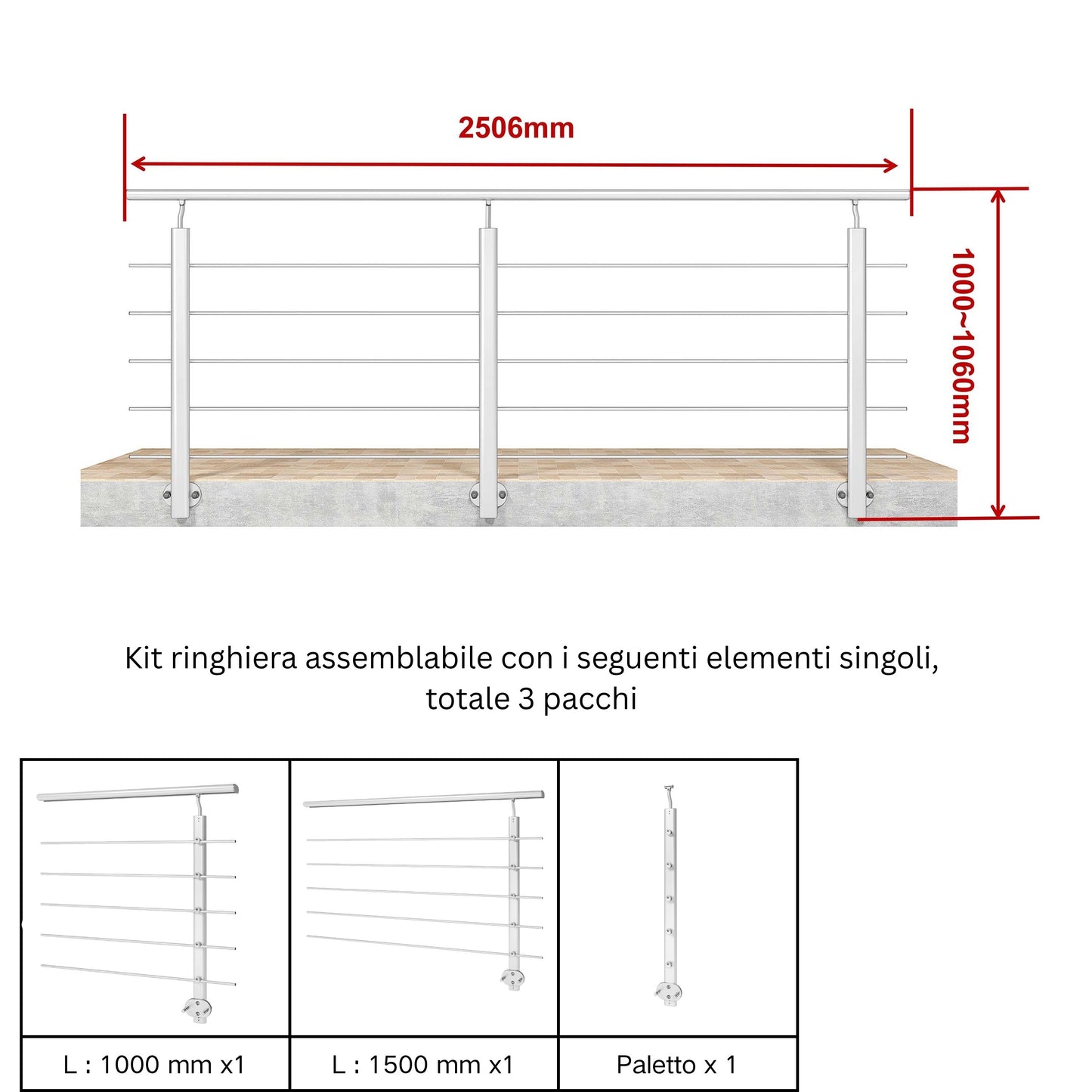 Ringhiera Balaustra in Alluminio Argento Opaco o Nero Opaco L. 100/150/200 cm a Montaggio a Parete, con Supporto di Collegamento a Parete#Argento
