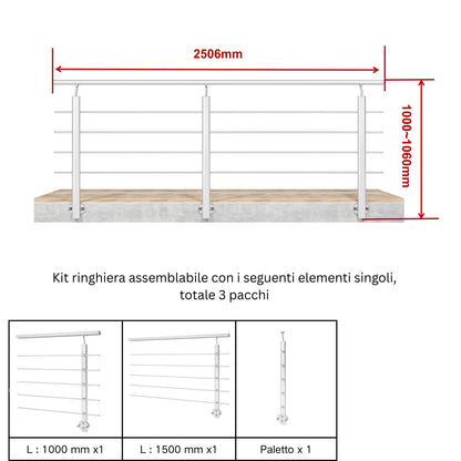 Ringhiera Balaustra in Alluminio Argento Opaco o Nero Opaco L. 100/150/200 cm a Montaggio a Parete, con Supporto di Collegamento a Parete#Argento
