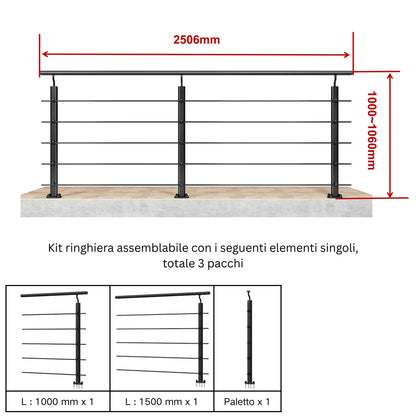 Ringhiera Parapetto in Alluminio Argento o Nero Opaco — Disponibile in 3 Misure: L. 100/150/200 cm — Montaggio a Pavimento per Interni ed Esterni#Nero