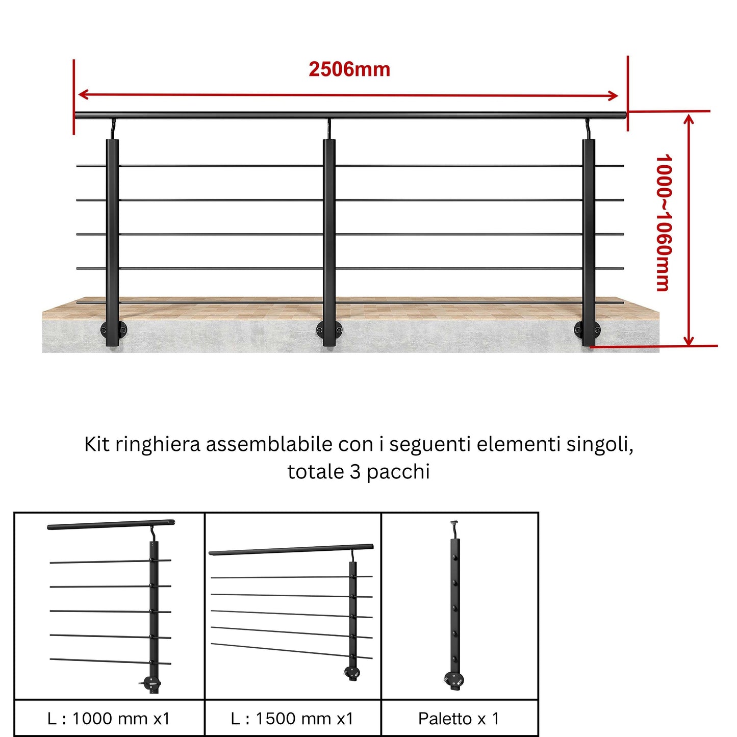 Ringhiera Balaustra in Alluminio Argento Opaco o Nero Opaco L. 100/150/200 cm a Montaggio a Parete, con Supporto di Collegamento a Parete Nero 100cm#Nero