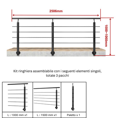 Ringhiera Balaustra in Alluminio Argento Opaco o Nero Opaco L. 100/150/200 cm a Montaggio a Parete, con Supporto di Collegamento a Parete Nero 100cm#Nero