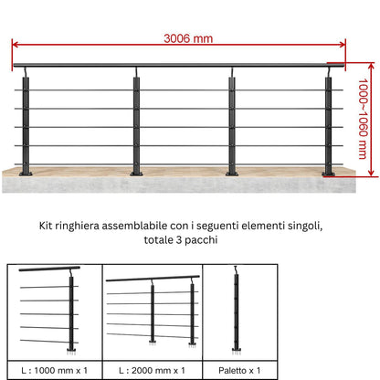 Ringhiera Parapetto in Alluminio Argento o Nero Opaco — Disponibile in 3 Misure: L. 100/150/200 cm — Montaggio a Pavimento per Interni ed Esterni#Nero