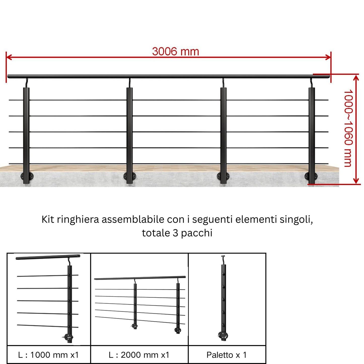Ringhiera Balaustra in Alluminio Argento Opaco o Nero Opaco L. 100/150/200 cm a Montaggio a Parete, con Supporto di Collegamento a Parete Nero 100cm#Nero