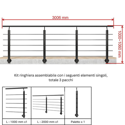 Ringhiera Balaustra in Alluminio Argento Opaco o Nero Opaco L. 100/150/200 cm a Montaggio a Parete, con Supporto di Collegamento a Parete Nero 100cm#Nero