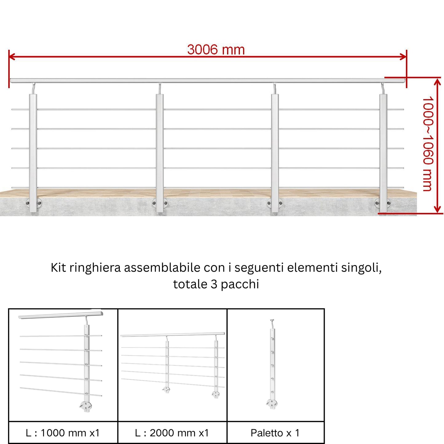 Ringhiera Balaustra in Alluminio Argento Opaco o Nero Opaco L. 100/150/200 cm a Montaggio a Parete, con Supporto di Collegamento a Parete#Argento