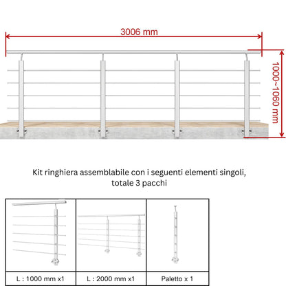 Ringhiera Balaustra in Alluminio Argento Opaco o Nero Opaco L. 100/150/200 cm a Montaggio a Parete, con Supporto di Collegamento a Parete#Argento