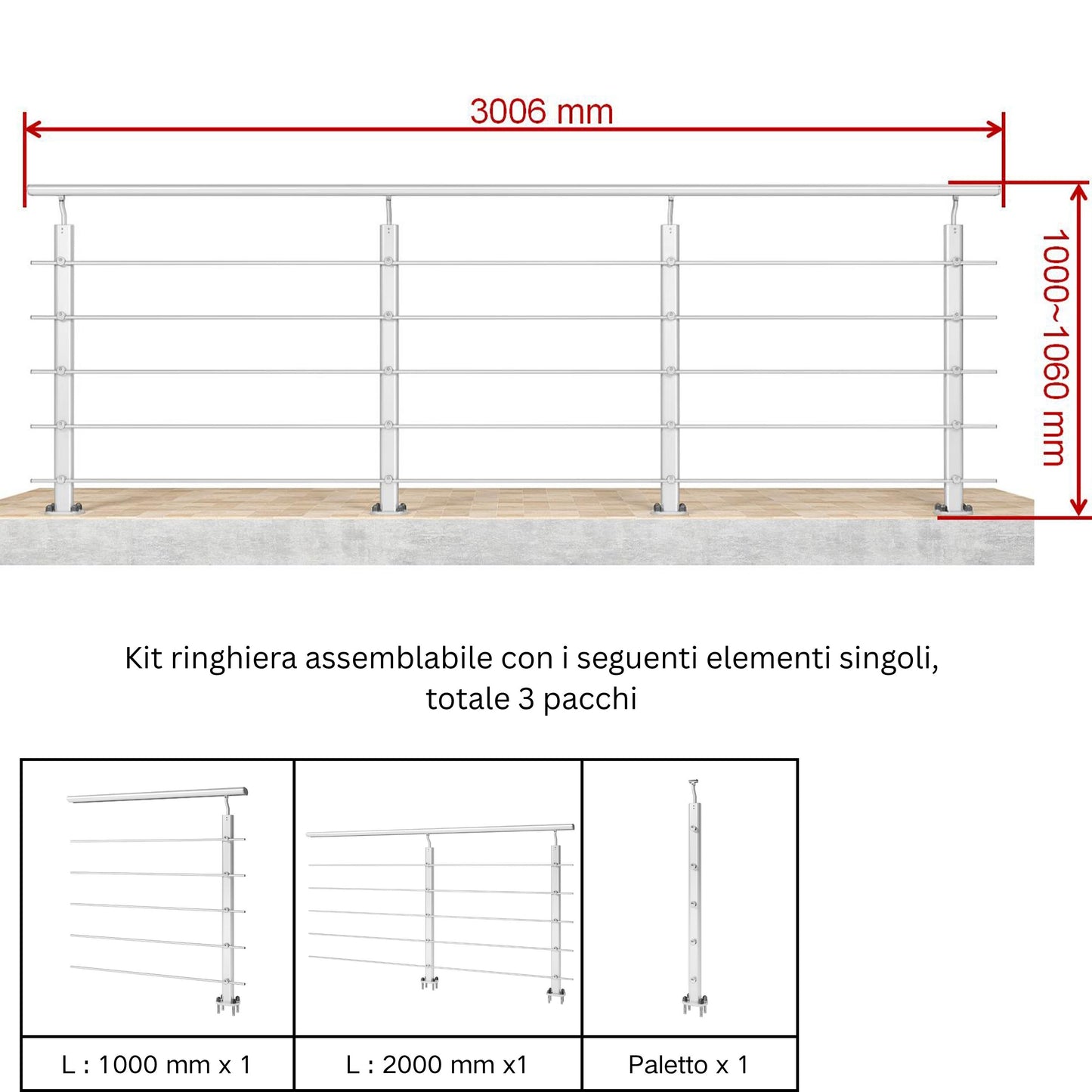 Ringhiera Parapetto in Alluminio Argento o Nero Opaco — Disponibile in 3 Misure: L. 100/150/200 cm — Montaggio a Pavimento per Interni ed Esterni#Argento