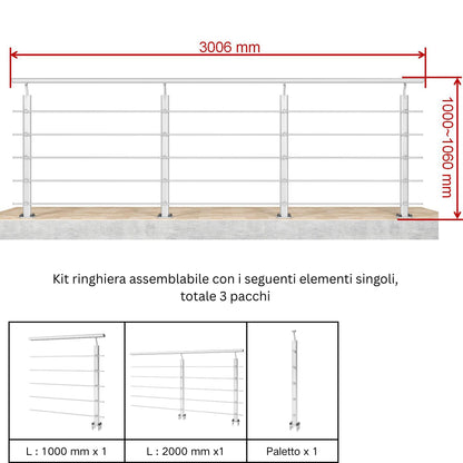 Ringhiera Parapetto in Alluminio Argento o Nero Opaco — Disponibile in 3 Misure: L. 100/150/200 cm — Montaggio a Pavimento per Interni ed Esterni#Argento