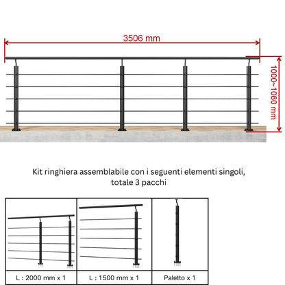 Ringhiera Parapetto in Alluminio Argento o Nero Opaco — Disponibile in 3 Misure: L. 100/150/200 cm — Montaggio a Pavimento per Interni ed Esterni#Nero