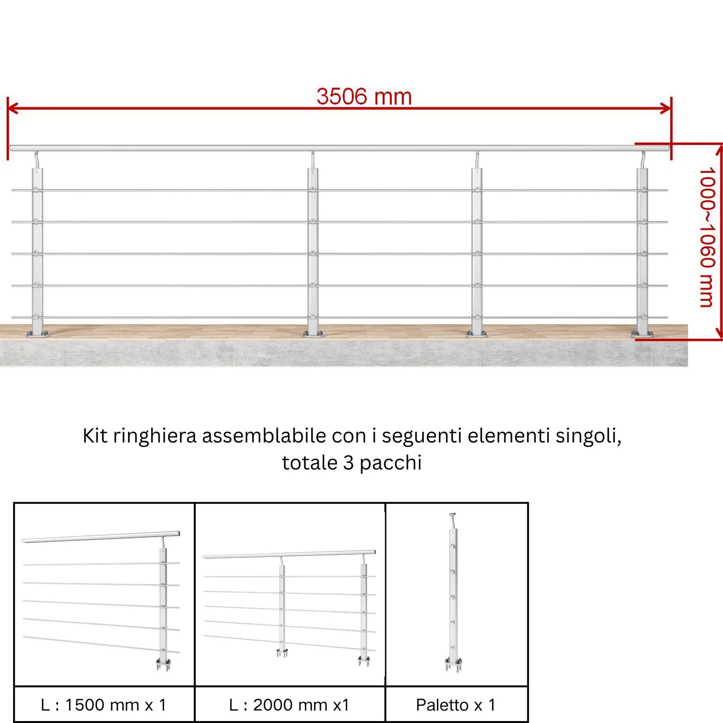 Ringhiera Parapetto in Alluminio Argento o Nero Opaco — Disponibile in 3 Misure: L. 100/150/200 cm — Montaggio a Pavimento per Interni ed Esterni#Argento