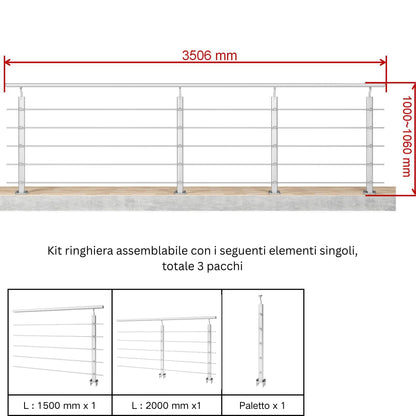 Ringhiera Parapetto in Alluminio Argento o Nero Opaco — Disponibile in 3 Misure: L. 100/150/200 cm — Montaggio a Pavimento per Interni ed Esterni#Argento