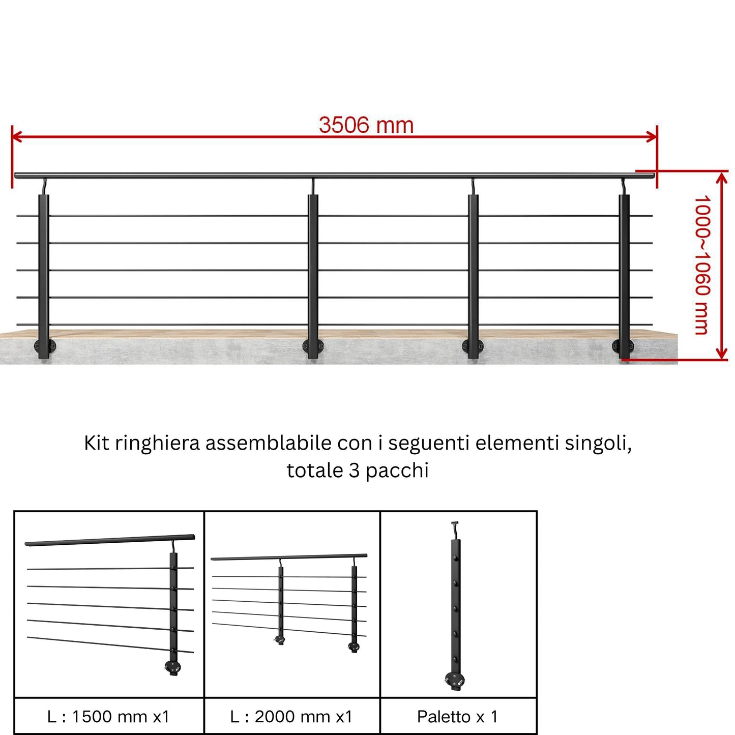 Ringhiera Balaustra in Alluminio Argento Opaco o Nero Opaco L. 100/150/200 cm a Montaggio a Parete, con Supporto di Collegamento a Parete Nero 100cm#Nero