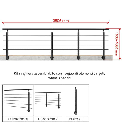 Ringhiera Balaustra in Alluminio Argento Opaco o Nero Opaco L. 100/150/200 cm a Montaggio a Parete, con Supporto di Collegamento a Parete Nero 100cm#Nero