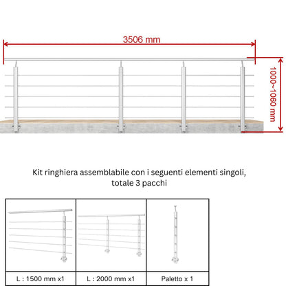 Ringhiera Balaustra in Alluminio Argento Opaco o Nero Opaco L. 100/150/200 cm a Montaggio a Parete, con Supporto di Collegamento a Parete#Argento