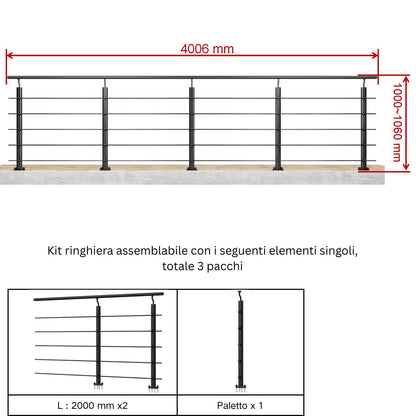 Ringhiera Parapetto in Alluminio Argento o Nero Opaco — Disponibile in 3 Misure: L. 100/150/200 cm — Montaggio a Pavimento per Interni ed Esterni#Nero