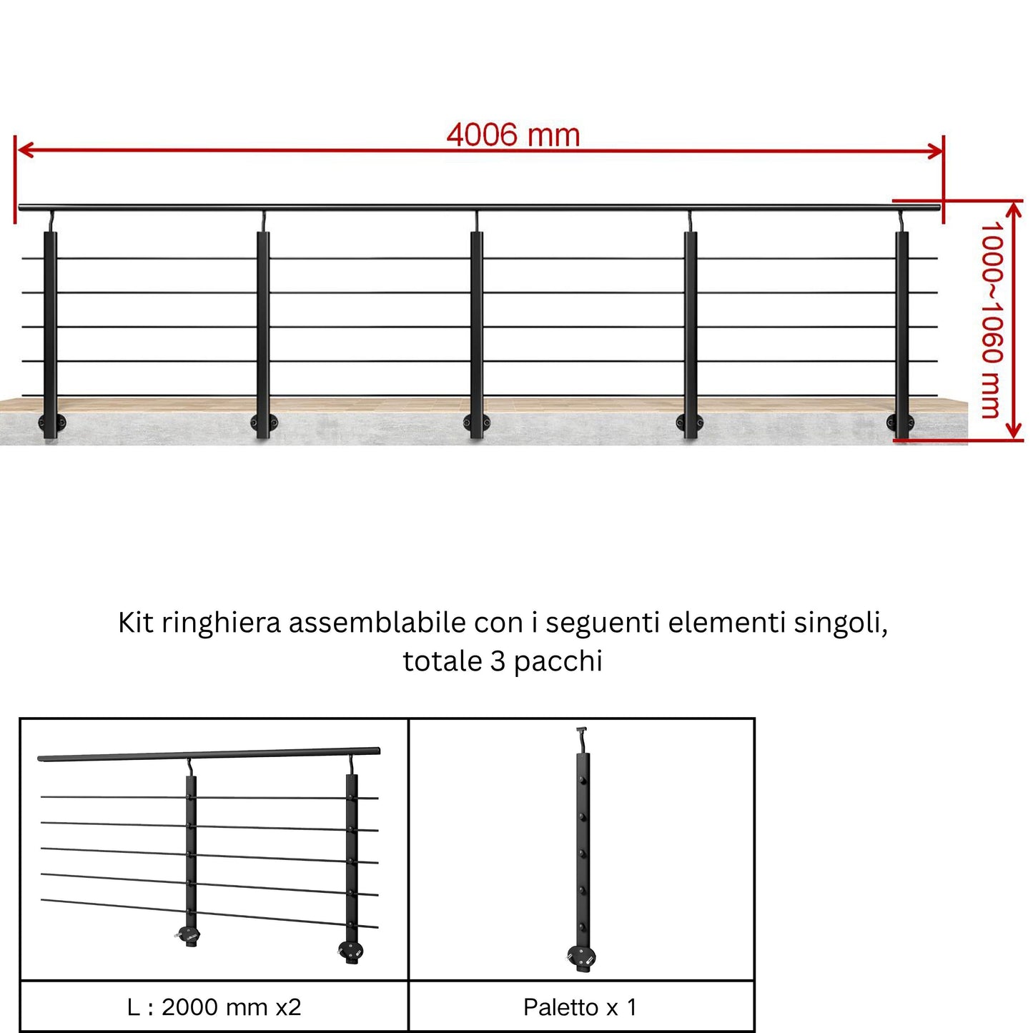 Ringhiera Balaustra in Alluminio Argento Opaco o Nero Opaco L. 100/150/200 cm a Montaggio a Parete, con Supporto di Collegamento a Parete Nero 100cm#Nero