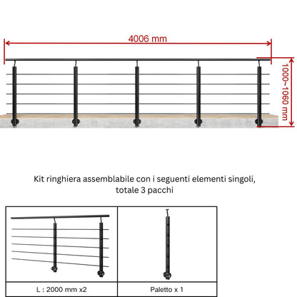 Ringhiera Balaustra in Alluminio Argento Opaco o Nero Opaco L. 100/150/200 cm a Montaggio a Parete, con Supporto di Collegamento a Parete Nero 100cm#Nero
