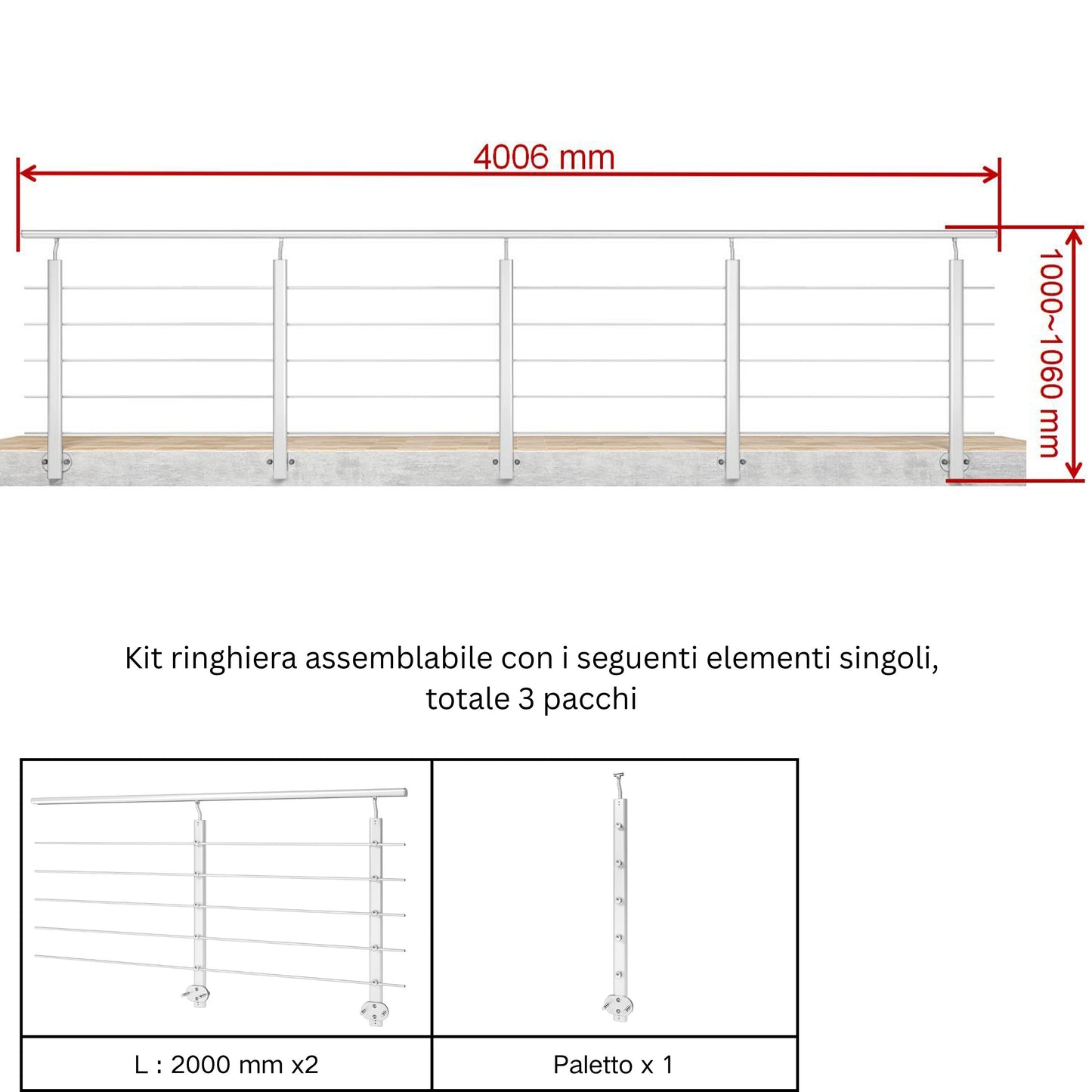 Ringhiera Balaustra in Alluminio Argento Opaco o Nero Opaco L. 100/150/200 cm a Montaggio a Parete, con Supporto di Collegamento a Parete#Argento