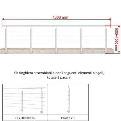 Ringhiera Balaustra in Alluminio Argento Opaco o Nero Opaco L. 100/150/200 cm a Montaggio a Parete, con Supporto di Collegamento a Parete#Argento