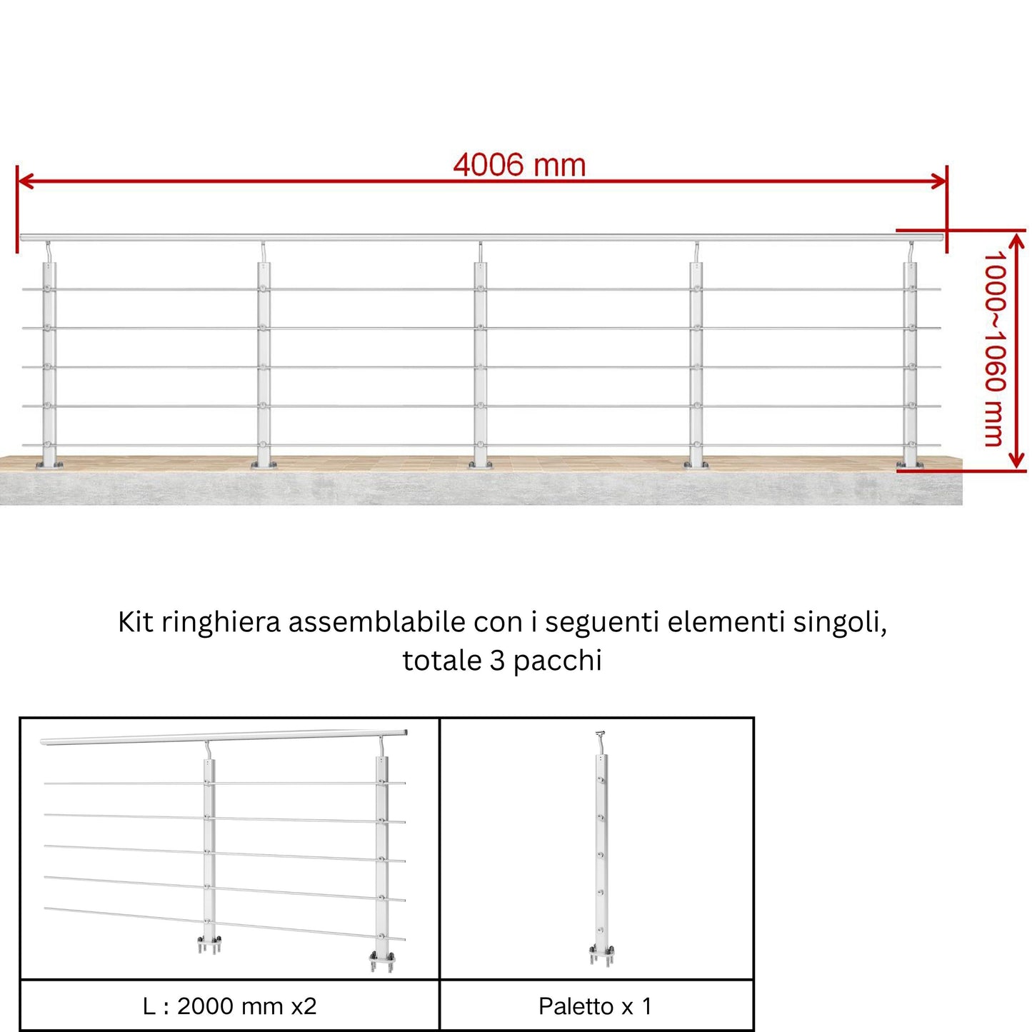 Ringhiera Parapetto in Alluminio Argento o Nero Opaco — Disponibile in 3 Misure: L. 100/150/200 cm — Montaggio a Pavimento per Interni ed Esterni#Argento