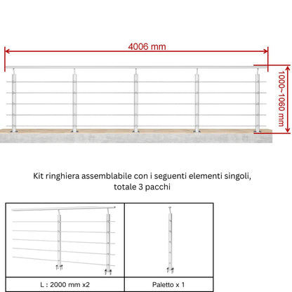 Ringhiera Parapetto in Alluminio Argento o Nero Opaco — Disponibile in 3 Misure: L. 100/150/200 cm — Montaggio a Pavimento per Interni ed Esterni#Argento