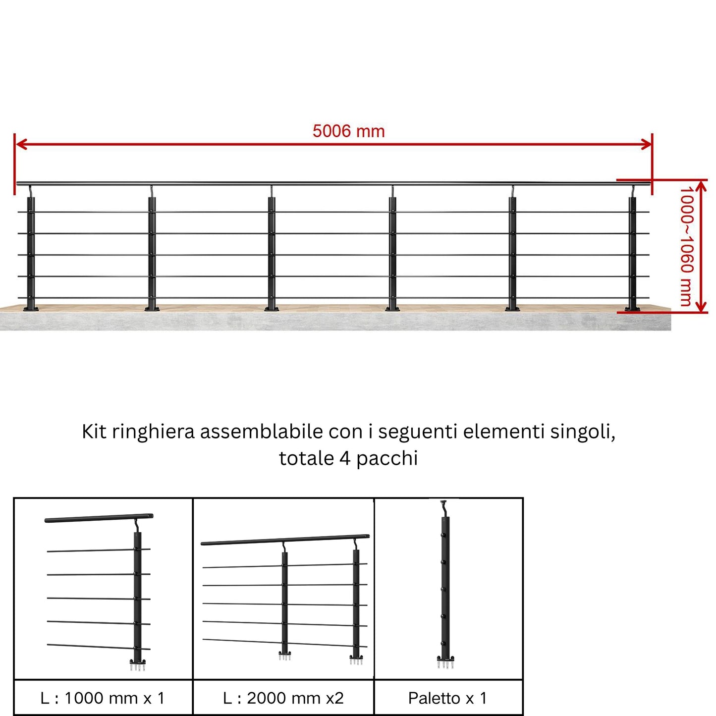 Ringhiera Parapetto in Alluminio Argento o Nero Opaco — Disponibile in 3 Misure: L. 100/150/200 cm — Montaggio a Pavimento per Interni ed Esterni#Nero
