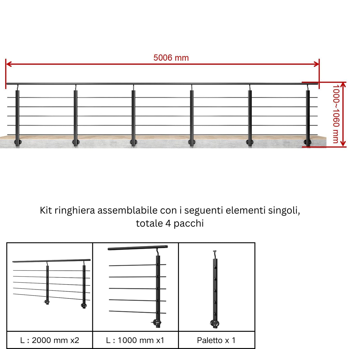 Ringhiera Balaustra in Alluminio Argento Opaco o Nero Opaco L. 100/150/200 cm a Montaggio a Parete, con Supporto di Collegamento a Parete Nero 100cm#Nero