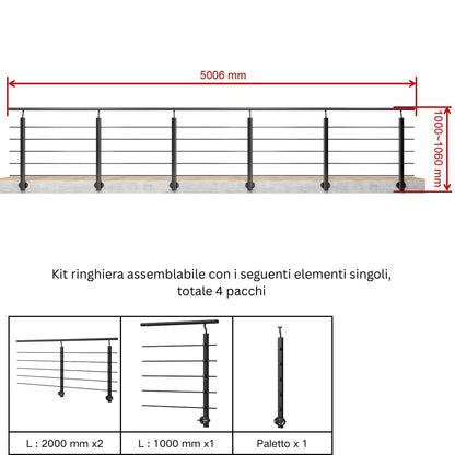 Ringhiera Balaustra in Alluminio Argento Opaco o Nero Opaco L. 100/150/200 cm a Montaggio a Parete, con Supporto di Collegamento a Parete Nero 100cm#Nero