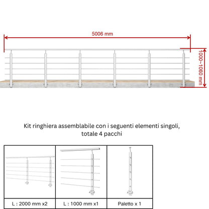 Ringhiera Balaustra in Alluminio Argento Opaco o Nero Opaco L. 100/150/200 cm a Montaggio a Parete, con Supporto di Collegamento a Parete#Argento