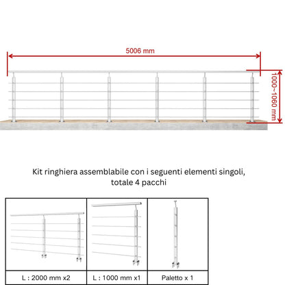 Ringhiera Parapetto in Alluminio Argento o Nero Opaco — Disponibile in 3 Misure: L. 100/150/200 cm — Montaggio a Pavimento per Interni ed Esterni#Argento
