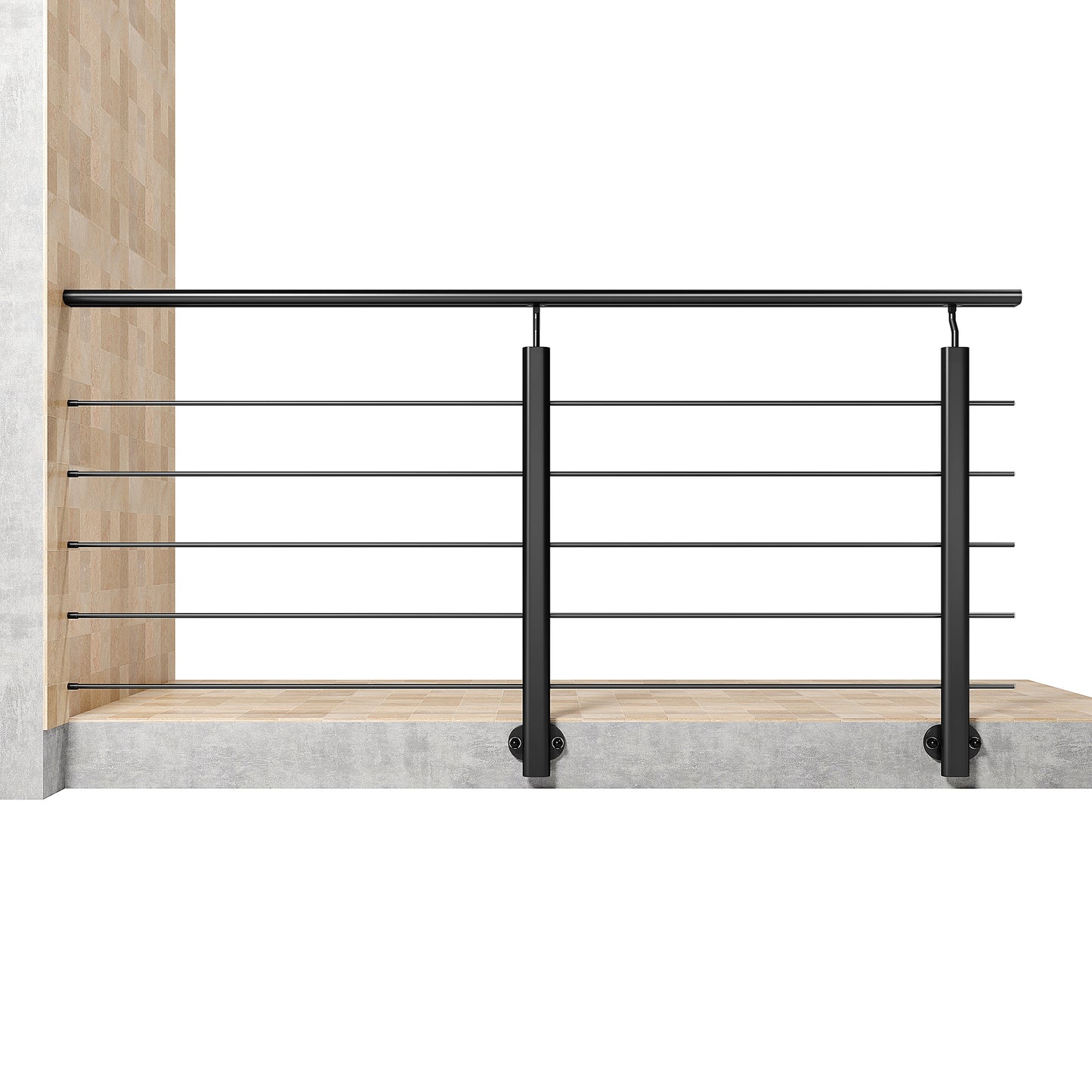Ringhiera Parapetto in Alluminio Nero Opaco o Argento Opaco L. 100/150/200 cm a Montaggio a Parete, con supporto di collegamento a Parete Nero 200cm#Nero