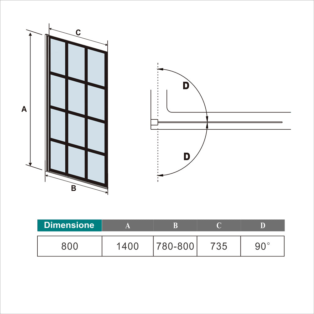 Parete Vasca Doccia 80xh.140cm Sopravasca Pannello Girevole in Vetro Temperato 6mm Trasparente con Riquadri Neri