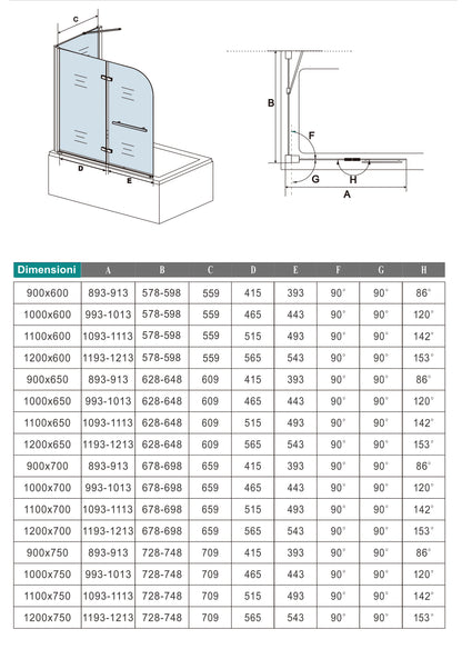 Parete Doccia Sopravasca Angolare 2 Ante Pieghevoli con Parete Laterale 65/70/75/80cm Vetro Temperato 6 mm Anticalcare Portasciugamani Cromato Lucido