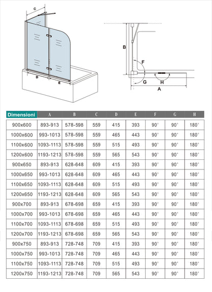 Aica H.140 cm Sopravasca da Bagno con Lato Fisso 2 Ante Pieghevoli verso Sinistro/Destro Vetro 6mm Anticalcare in Serigrafato Bianco Opaco