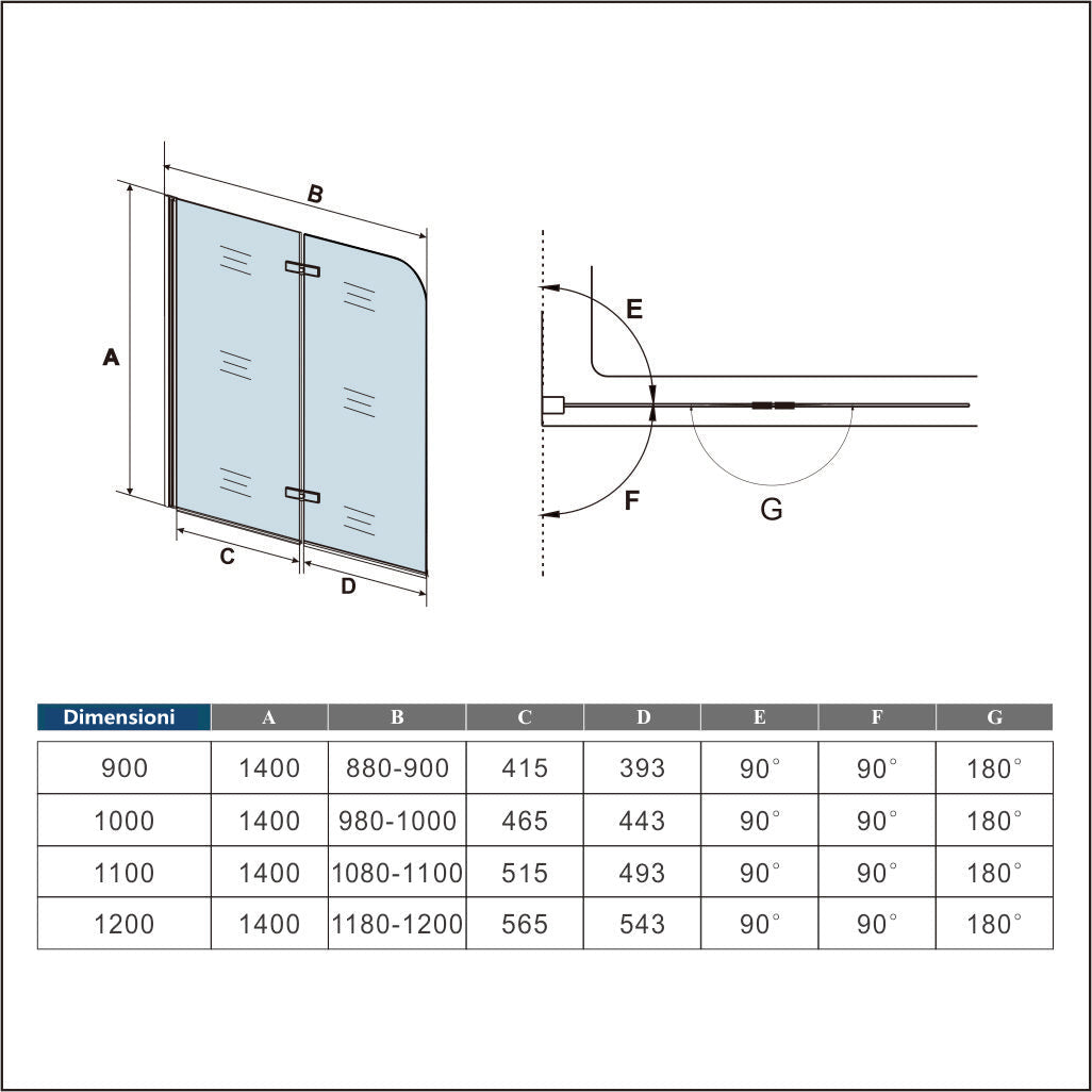 Sopravasca da Bagno Parete Vasca Doccia 90/100/110/120x140 cm Due Ante Movibili Vetro Temperato Trasparente 6 mm Anticalcare Telaio Nero Opaco