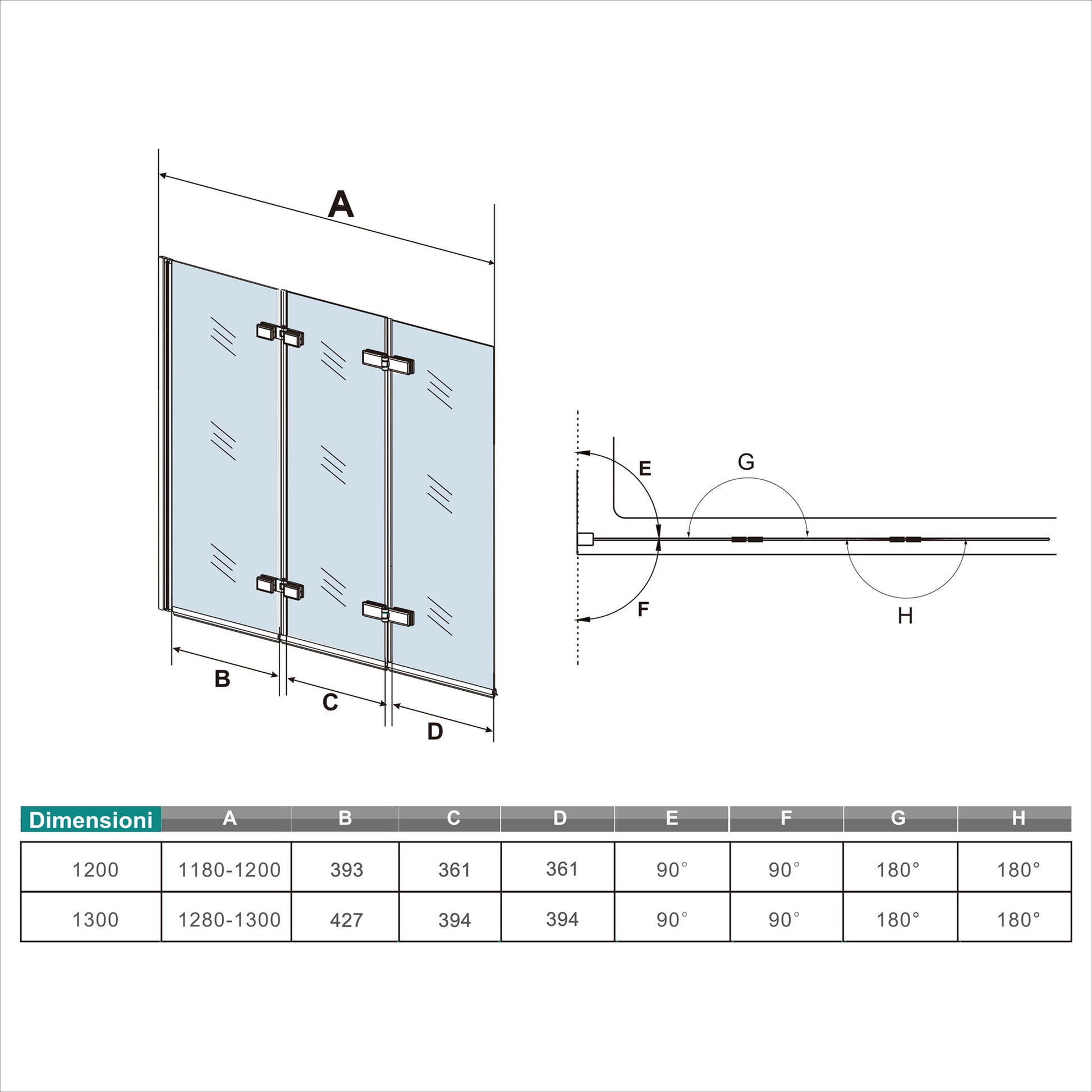 Parete Doccia Per Vasca da Bagno 130x140 cm 3 Ante Movibili Pieghevoli a Libro in Vetro Temperato 6 mm Trasparente Anticalcare Telaio Nero Opaco