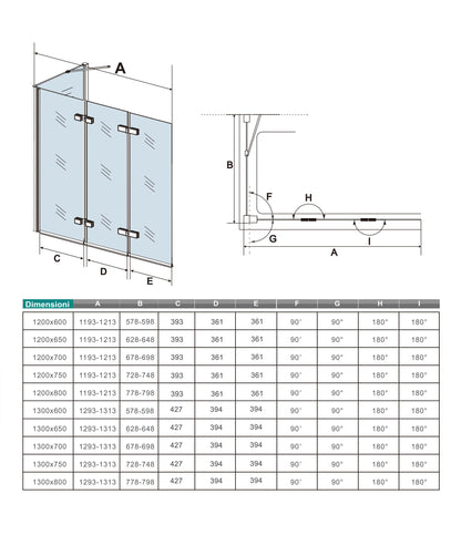 H.140cm Parete Doccia Per Vasca 130 cm 3 Ante Movibili Pieghevoli a Libro in Vetro Temperato 6mm Trasparente Anticalcare Telaio Cromo Lucido