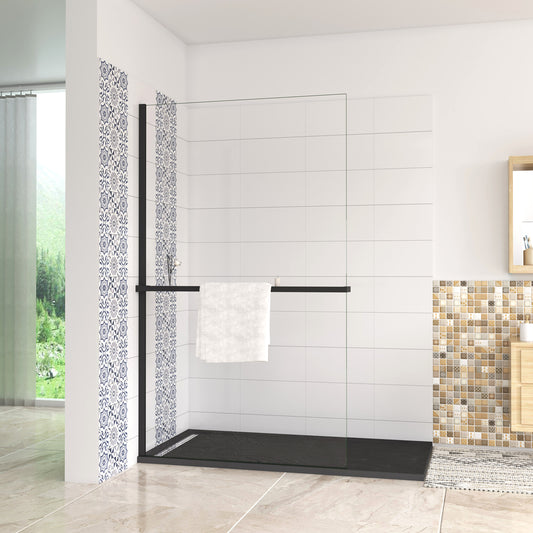 Mensola Doccia per Parete Doccia Walk in 80/90/100/120 cm Alluminio Cromo Lucido/Nero Opaco Porta-asciugamani Adattabile Vetro da 8 mm