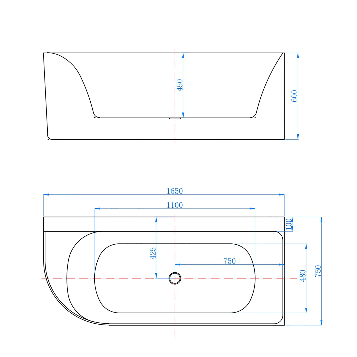 Vasca da Bagno a Isola in Acrilico 165x75x60 cm /180x80x60 cm Semi-Freestanding Colore Bianco Angolo a Parete verso Sinistro/Destro