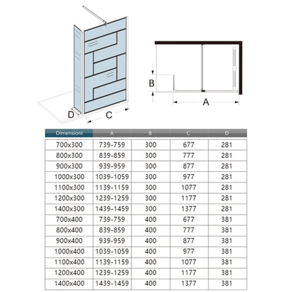 Box Doccia Walk in 70-80-90-100-110-120x200cm Parete Fissa 40cm Paretina 30cm Vetro 8 mm Temperato Anticalcare Serigrafato Nero Riquadri Barra Stabilizzatrice 45 cm