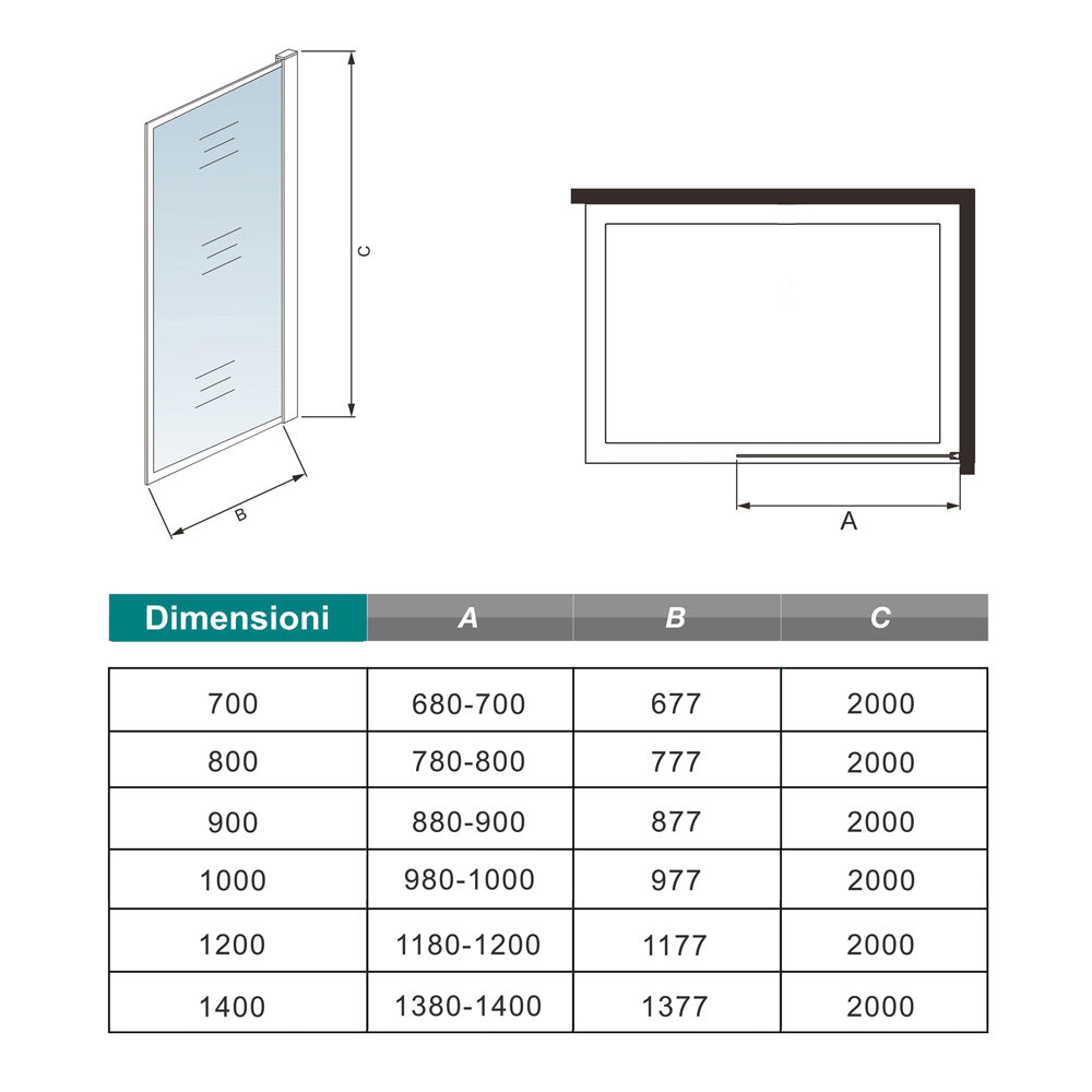 Walk In Parete Per Doccia Vetro Temperato 8mm Anticalcare 70-120 x 200cm con Bordo Nero Serigrafato Barra Stabilizzatrice da 90cm