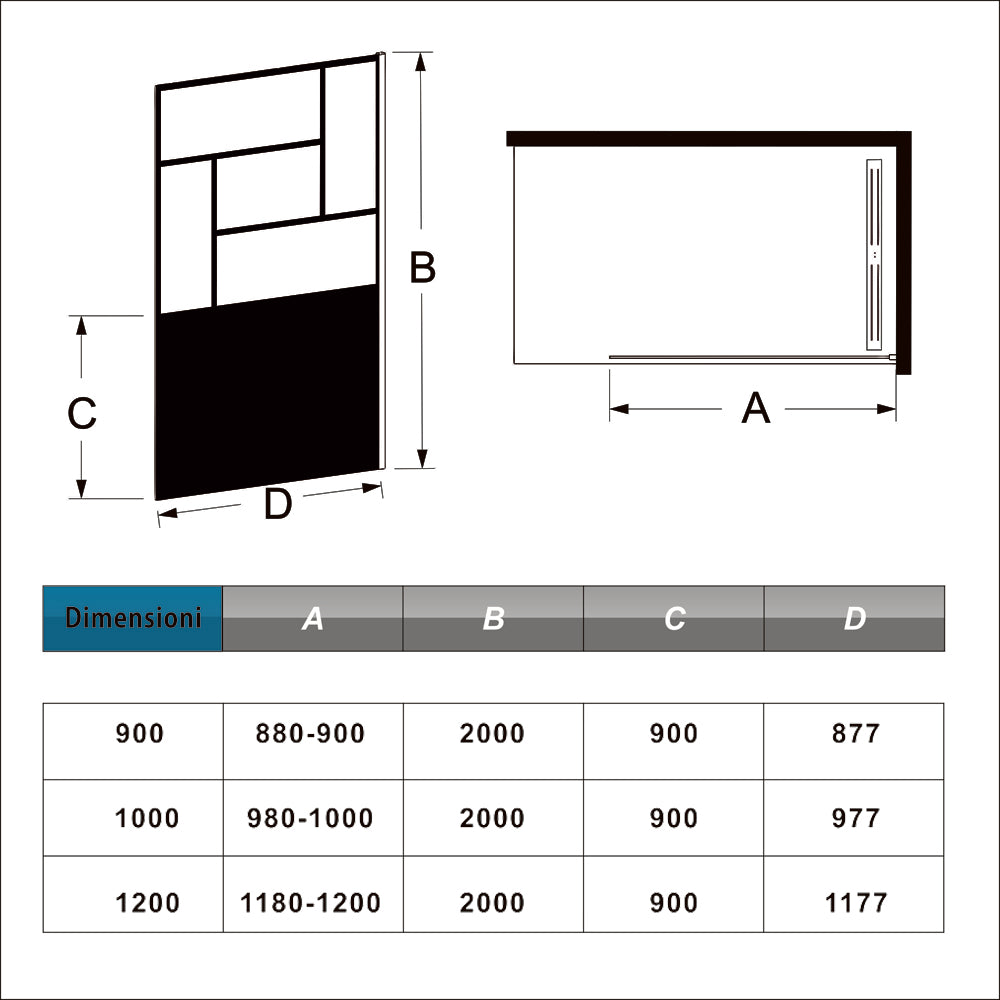 Doccia Walk In Parete Fissa Vetro Temperato 8mm Anticalcare 90-120 x200cm Semitrasparente Riquadri Nero Serigrafato con Barra stabilizzatrice da 90cm