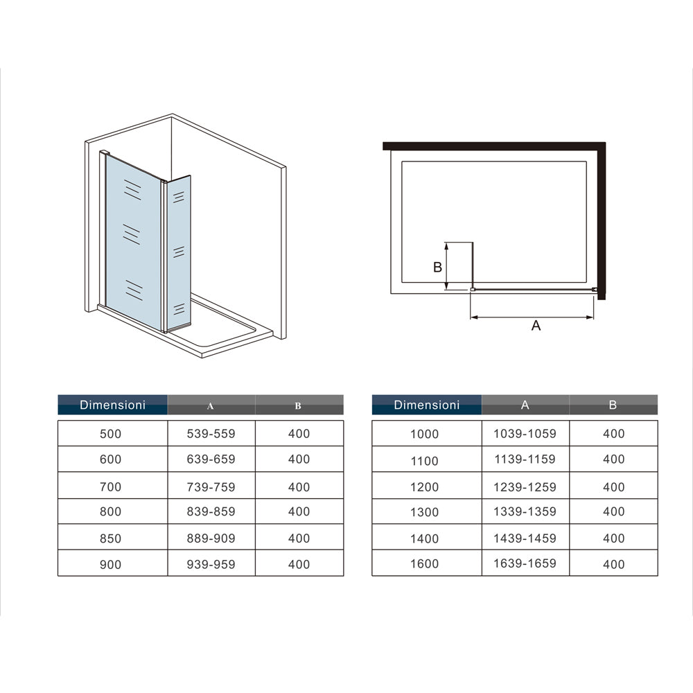 Walk in Doccia Due Pareti Vetro 8mm Temperato Anticalcare Antifrantumi Fascia Opaca Barra Stabilizzatrice 90cm Nera Opaca