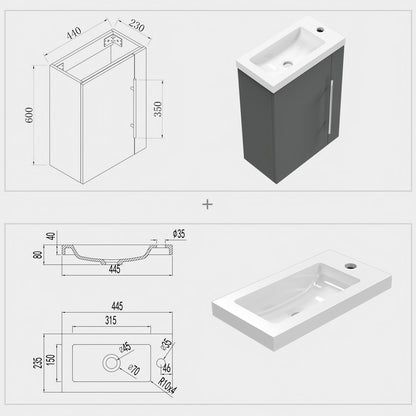Aica Mobile Bagno Monoblocco Sospeso 44×23×60 cm per Piccoli Spazi con Maniglia e Lavabo in Alluminio
