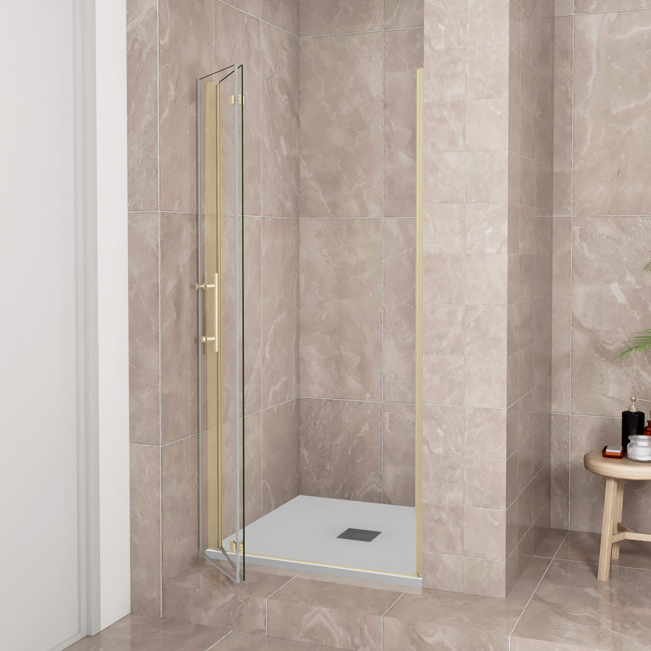 Porta Doccia H:185 cm Porta Battente Pieghevole in Vetro Temperato Trasparente 6 mm Anticalcare Telaio Dorato Spazzolato