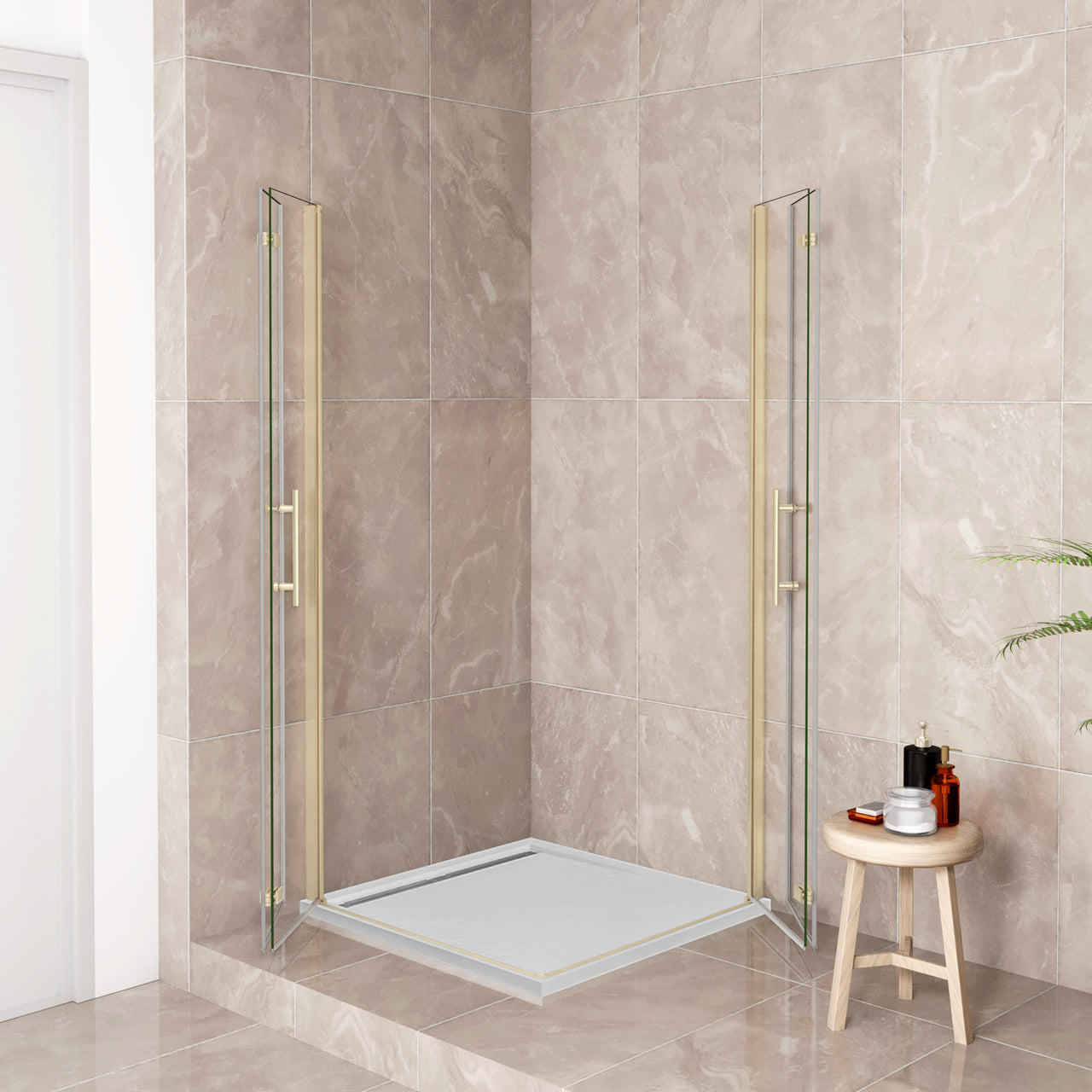 185cm Box Doccia Angolare Doppia Porta Battente Pieghevole Vetro Temperato Trasparente 6 mm Anticalcare Telaio Dorato Spazzolato