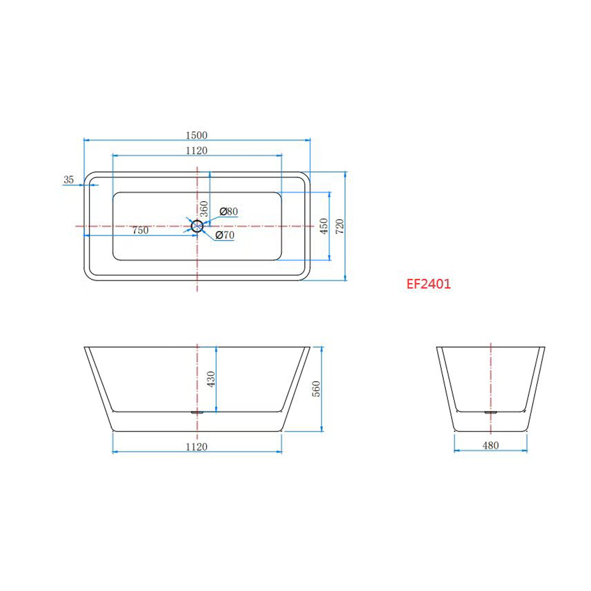 Vasca da Bagno a Isola Freestanding in Acrilico da 170x80x58 cm/150x72x56 cm, Colore Bianco, Forma Rettangolare