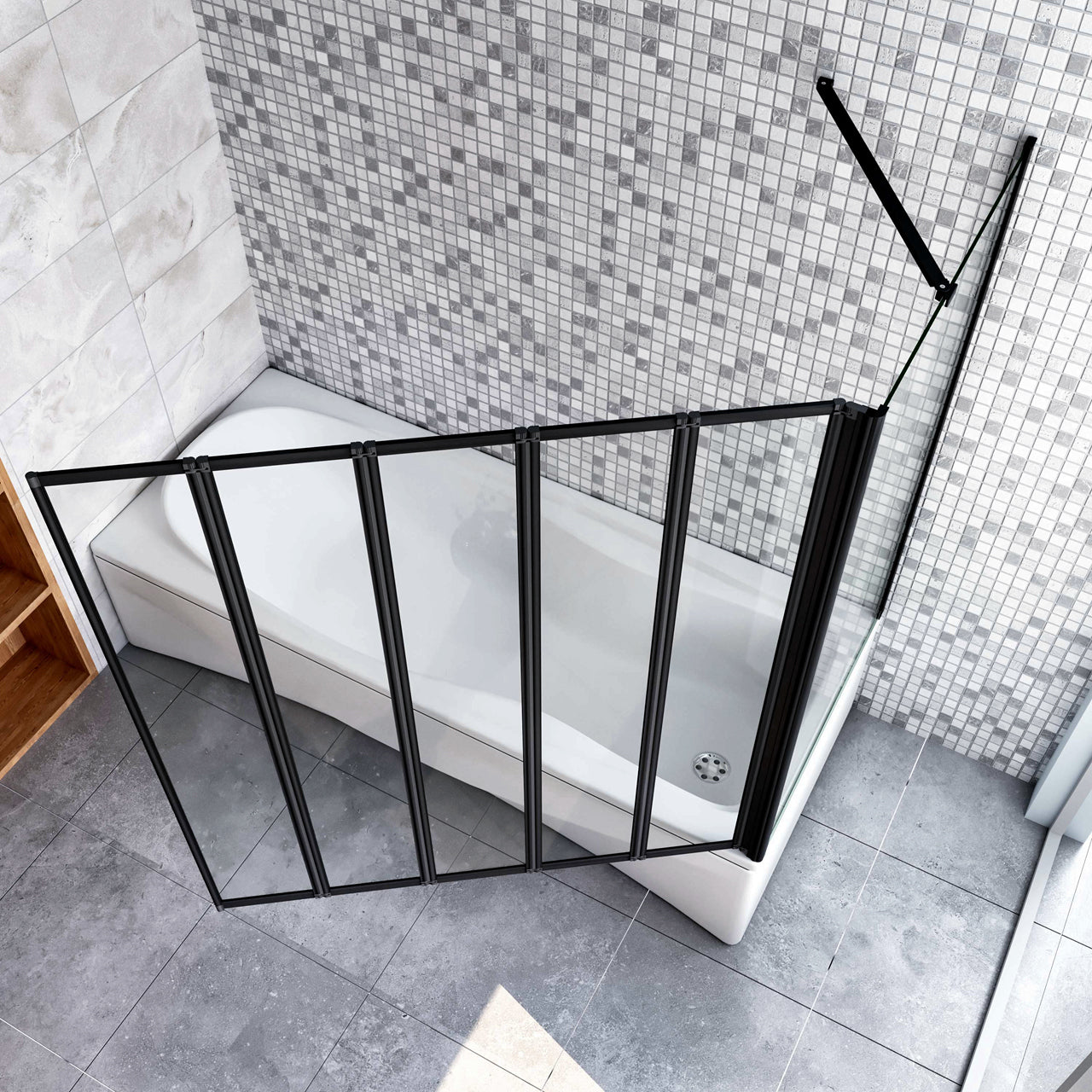 Parete Doccia Sopravasca Angolare 2/4/5 Ante Pieghevoli Vetro 4 mm con Parete Laterale 65/70/75cm Vetro Temperato 6 mm Trasparente Telai Neri Opachi